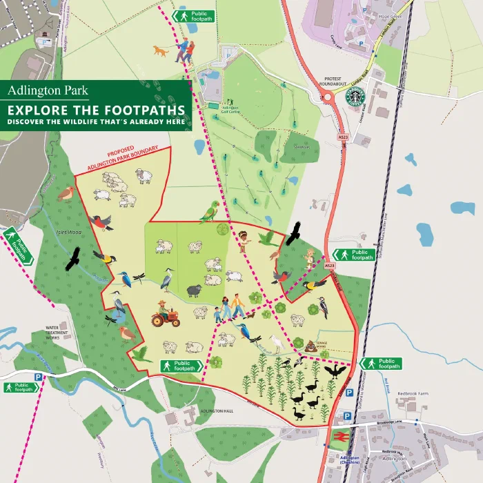 A map showing the public footpaths through the Adlington Park site.