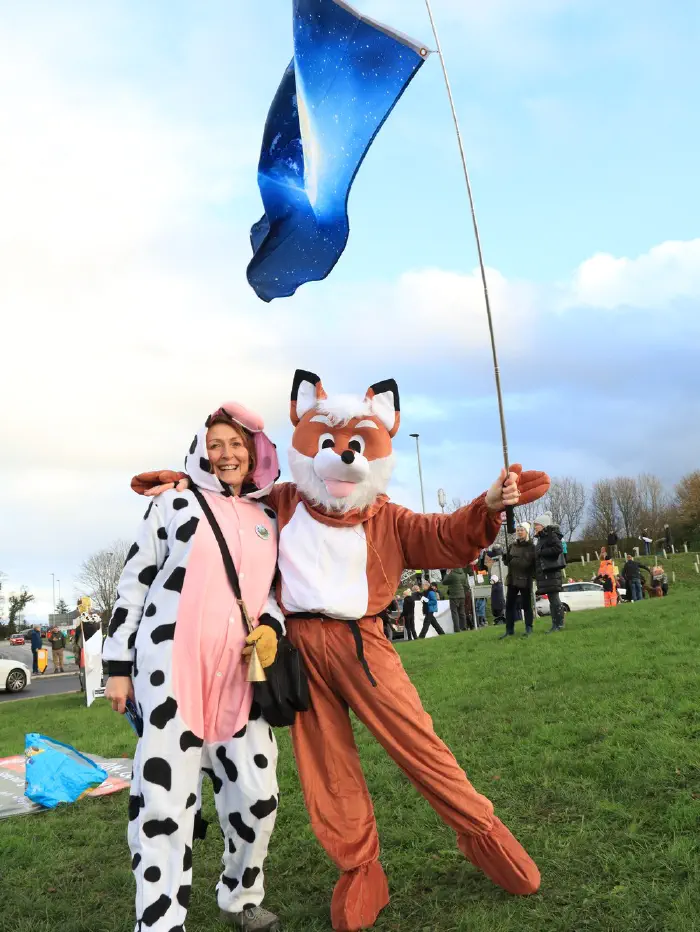 People dressed as a cow and a fox on the roundabout showing their opposition to Adlington New Town