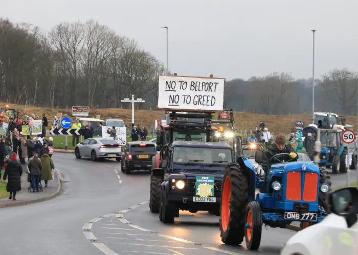 Tractors and Land Rovers protesting Adlington New Town