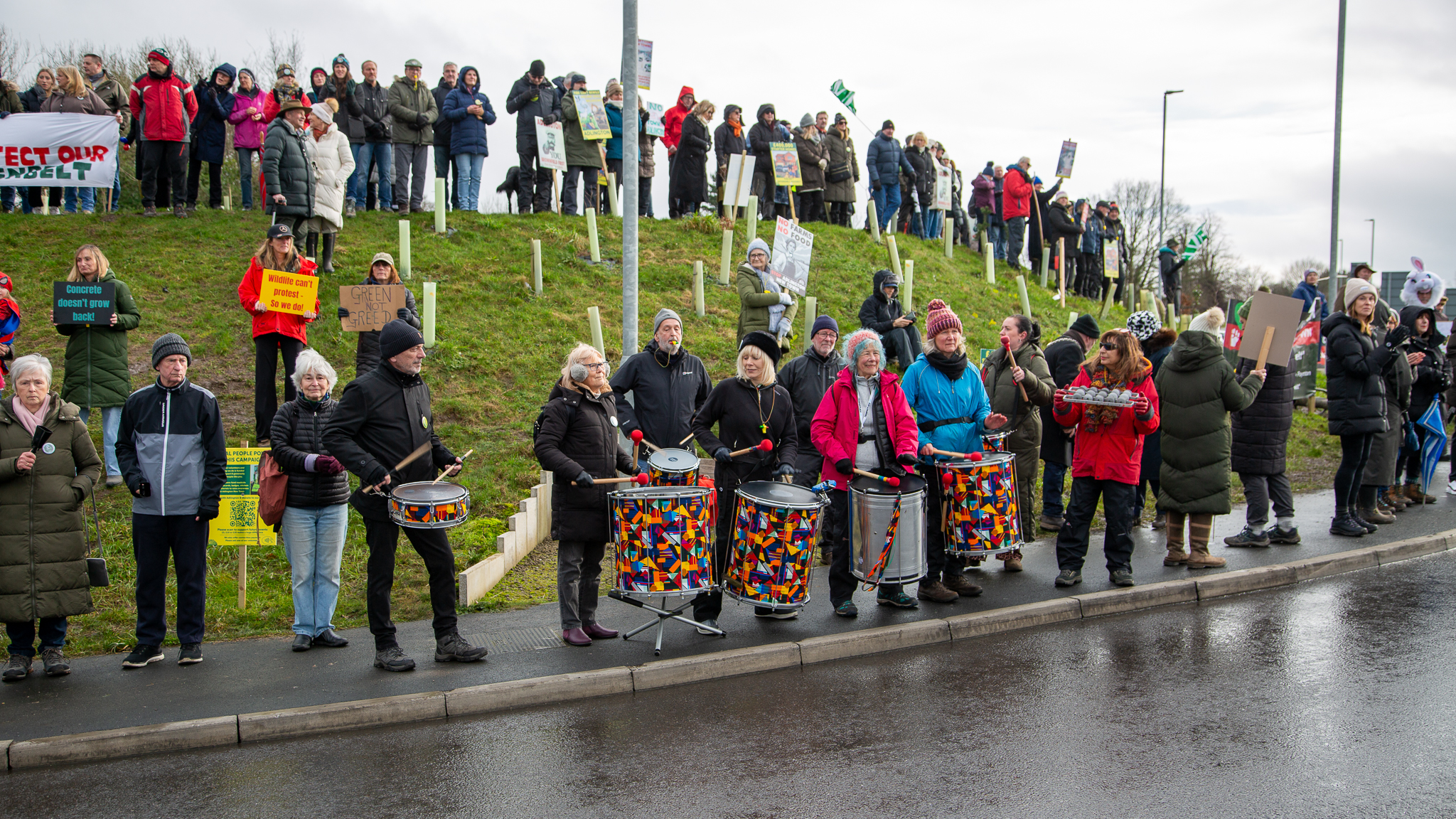 Protesters standing on roundabout