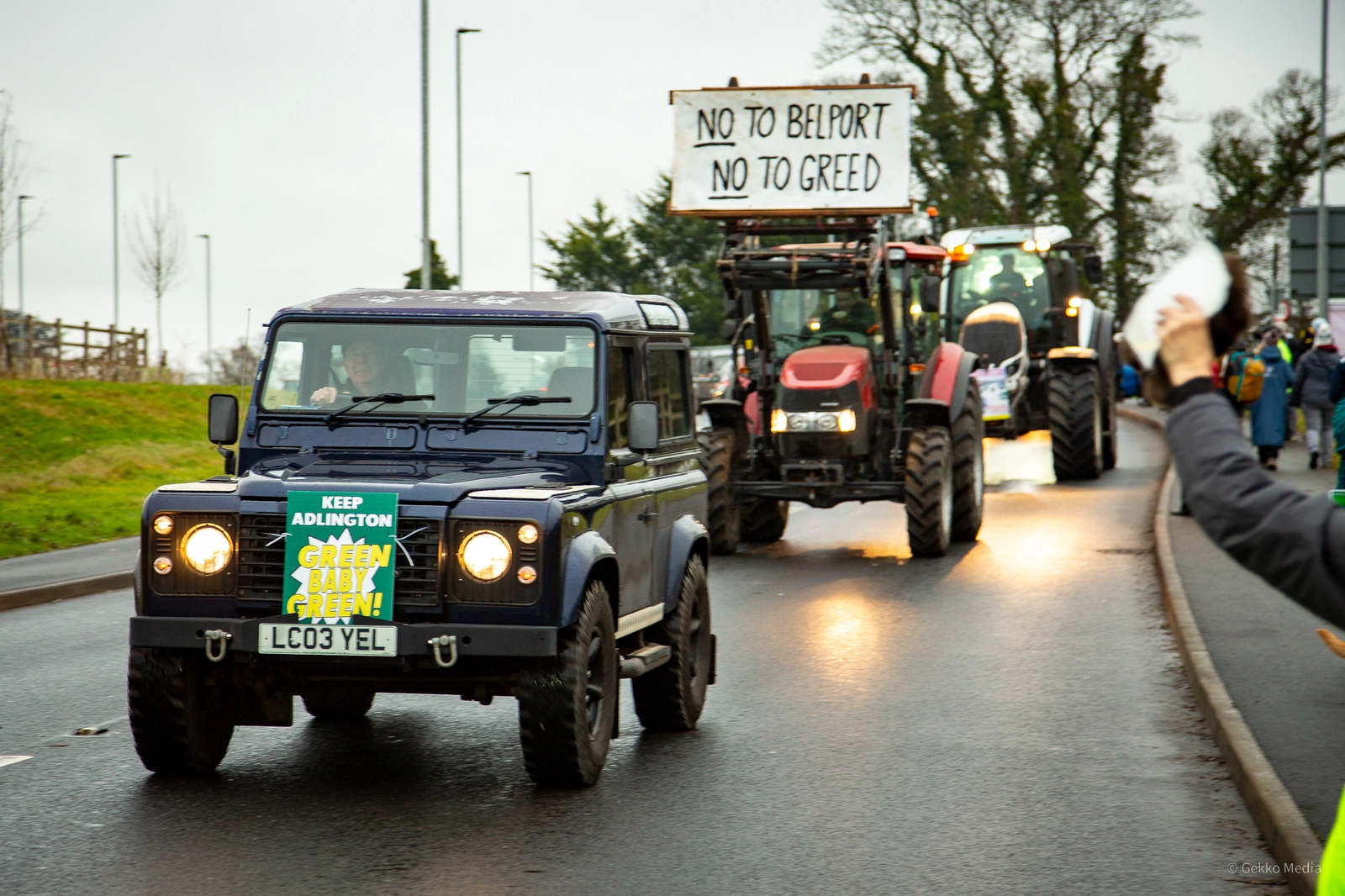 Defender and Tractor proesting to Stop Adlington New Town