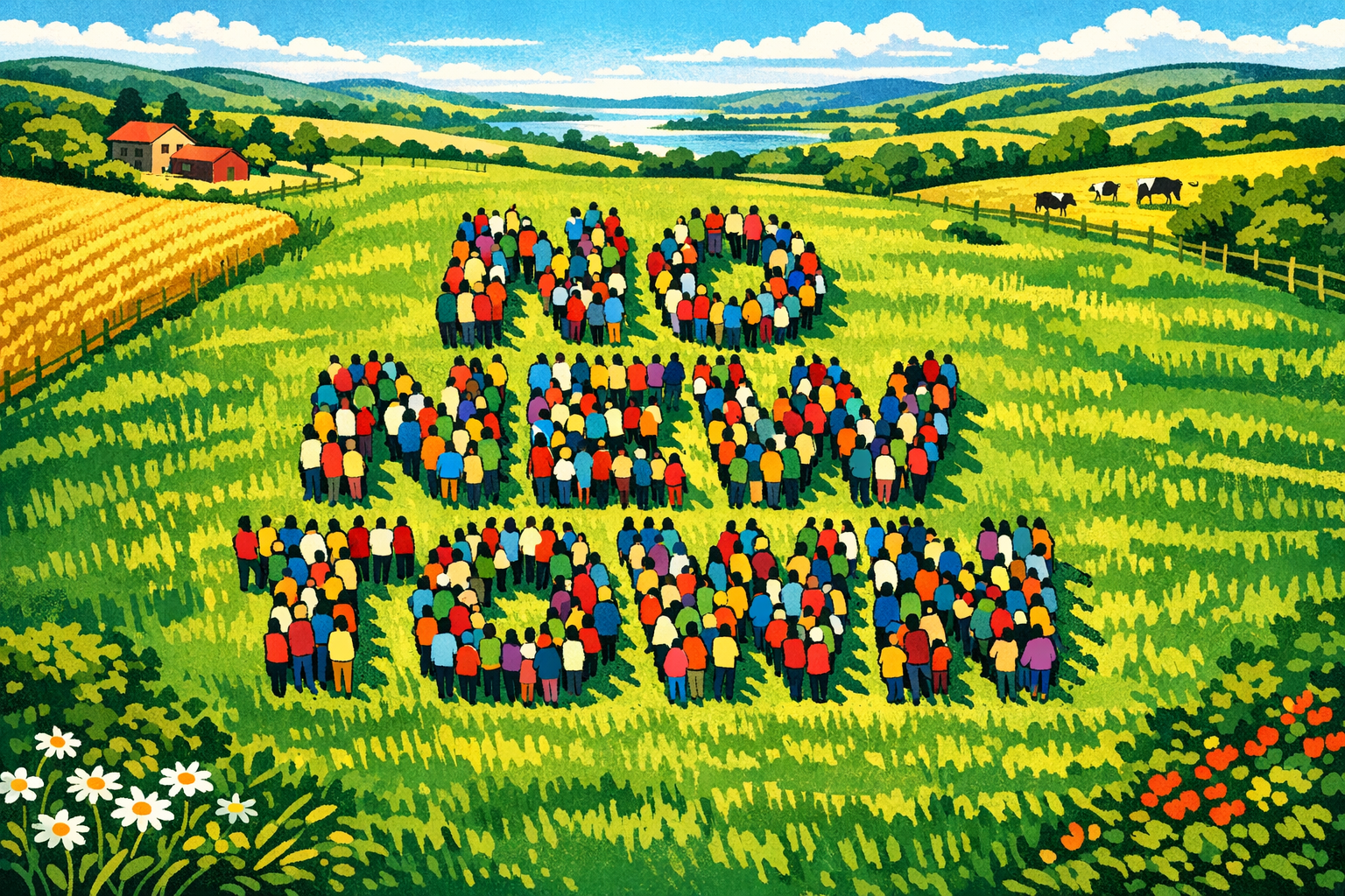 Illustration of a people poster spelling No New Town