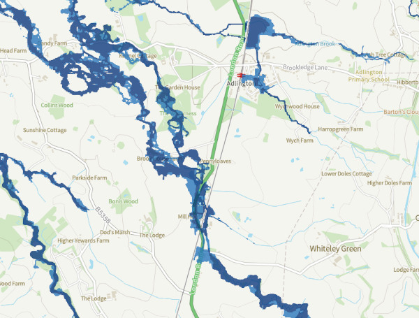 Flood map of Adlington