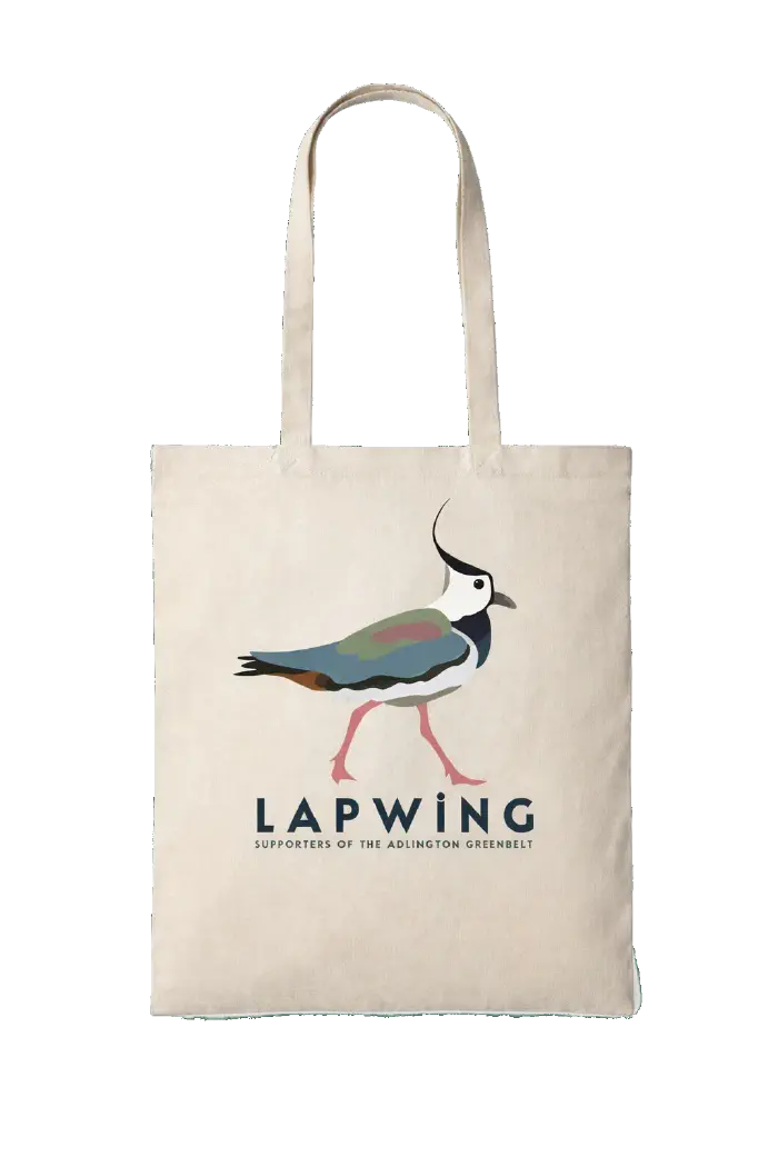 Bag featuring a lapwing. Caption Supporters of the Adlington Greenbelt.