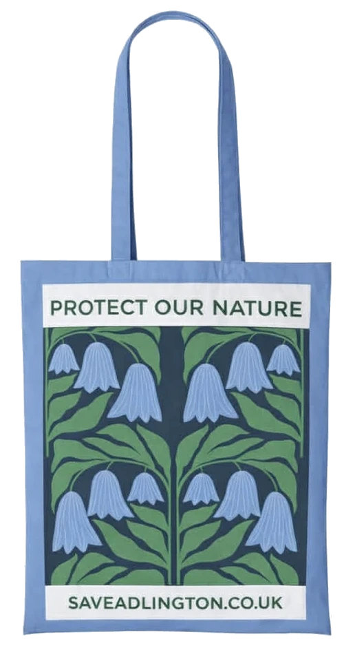 Blue bag featuring bluebells. Caption Protect our Nature