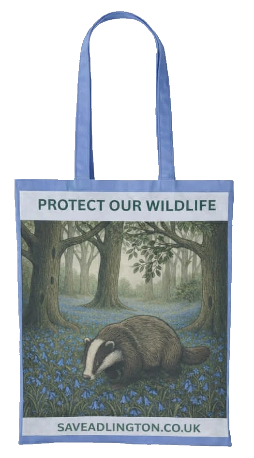 Blue bag featuring badger. Caption Protect our Wildlife