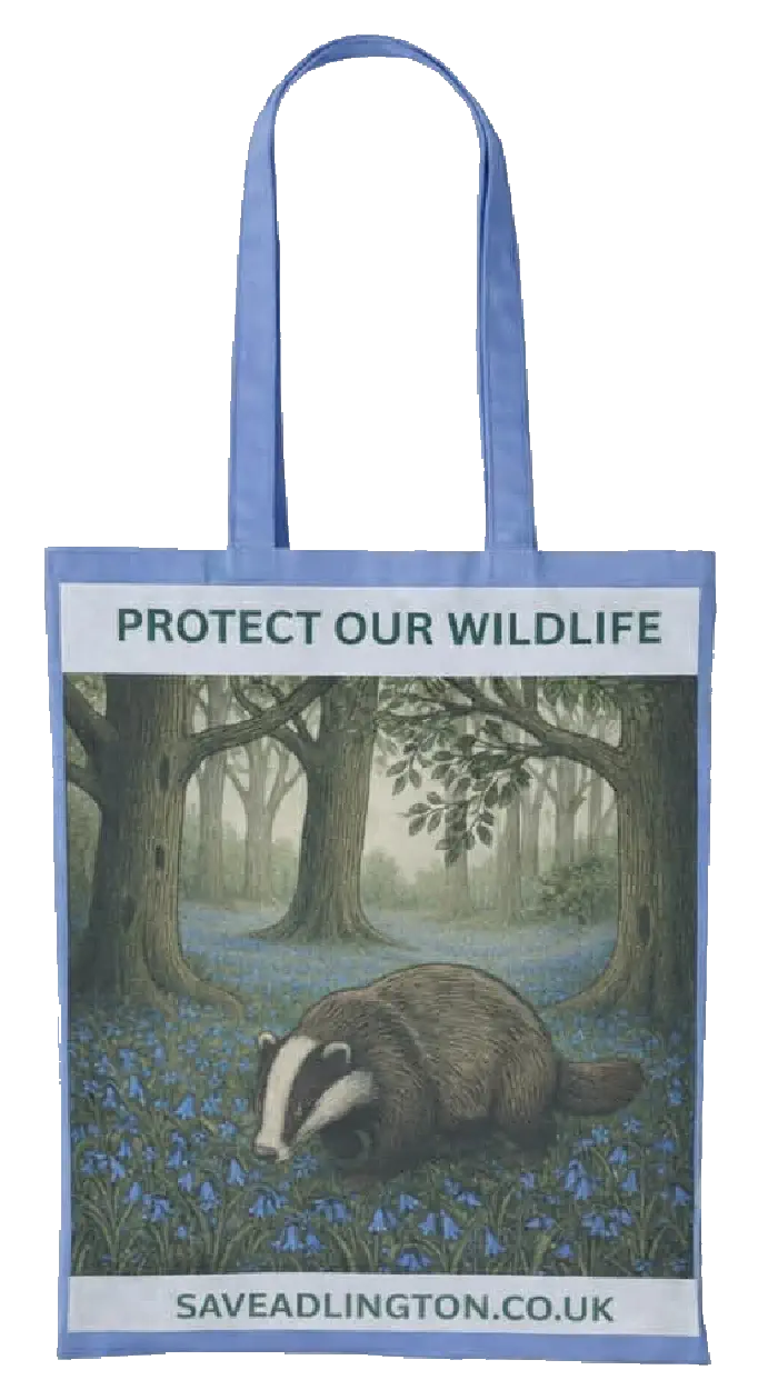 Blue bag featuring badger. Caption Protect our Wildlife