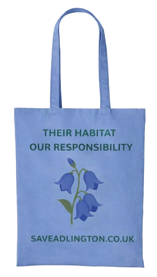 Blue bag featuring badger. Caption Protect our Wildlife