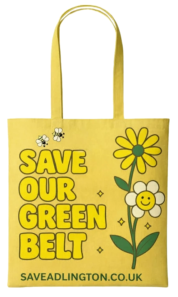Yellow bag features bees. Caption Save Our Green Belt