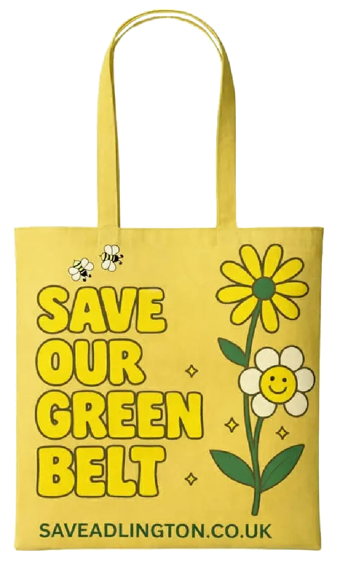 Yellow bag features bess. Caption Save Our Green Belt