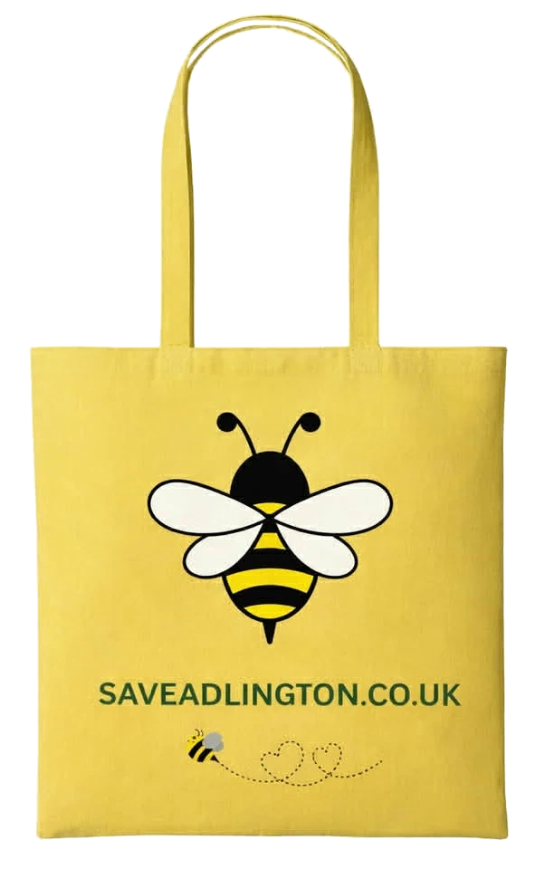 Yellow bag features bees. Caption Save Our Green Belt