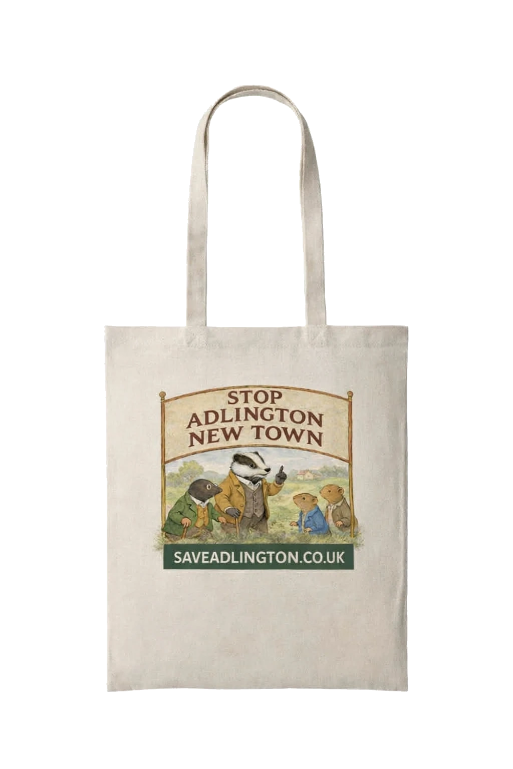 Cream bag. Caption Stop Adlington New Town. Featuring characters from Wind in the Willows