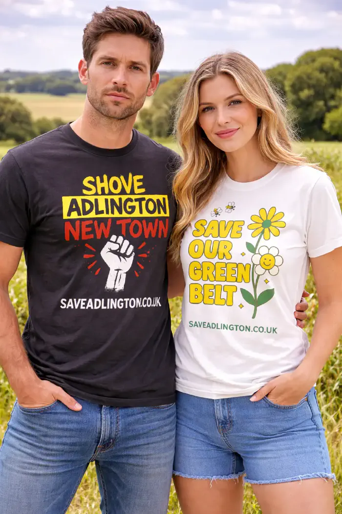 Couple wearing t-shirts, Shove Adlington New Town and Save our Greenbelt