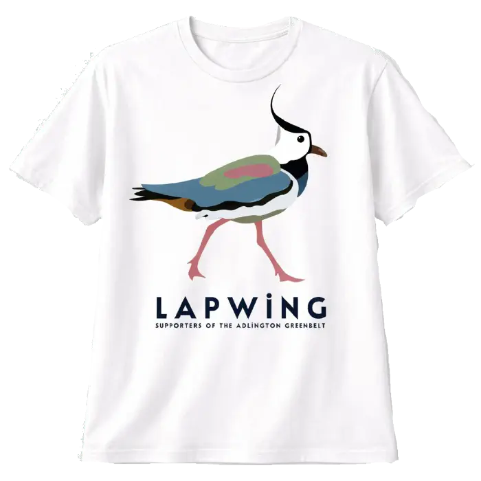 T-Shirt featuring Lapwing. Caption Supporters of the Adlington Greenbelt