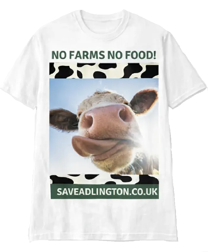White T-Shirt featuring a cow. Caption No Farms No Food.