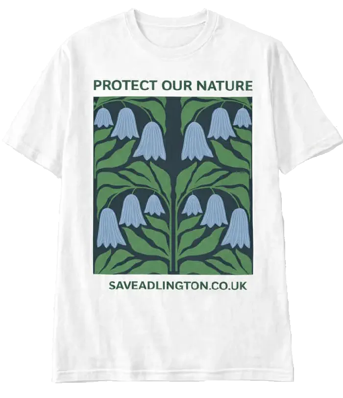 White T-Shirt featuring bluebells. Caption Protect our Nature